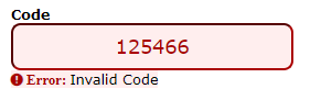 The textbox is highlighted in red with the error message under it of 'Invalid Code'.